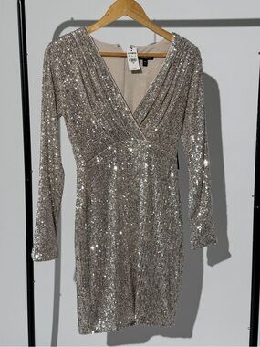 Express long sleeve sequin silver mini dress XS